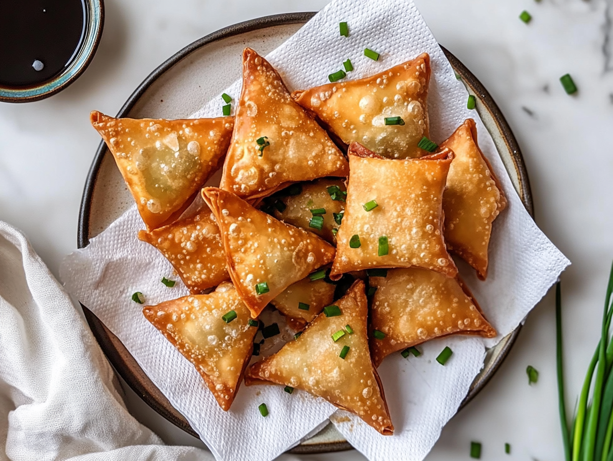 Golden, crispy cream cheese wontons arranged neatly on a plate, garnished with fresh chives, and paired with a sweet and tangy dipping sauce for the perfect bite-sized treat.