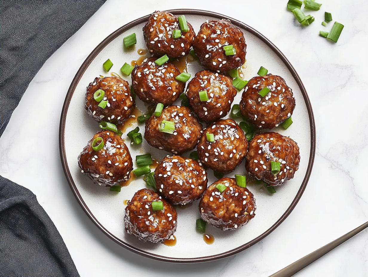 This image shows a platter of tender and juicy Asian meatballs, glistening with a flavorful sauce, and garnished with fresh green onions and sesame seeds, making it a perfect appetizer for any occasion.