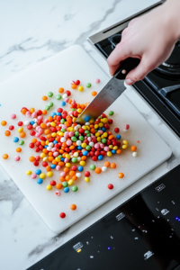 This image shows a cutting board with longer candies like sour straws and Nerds rope being chopped into bite-sized pieces. The brightly colored candies are sliced neatly, ready to be added to the candy salad mix to ensure that all pieces are manageable and easy to eat.