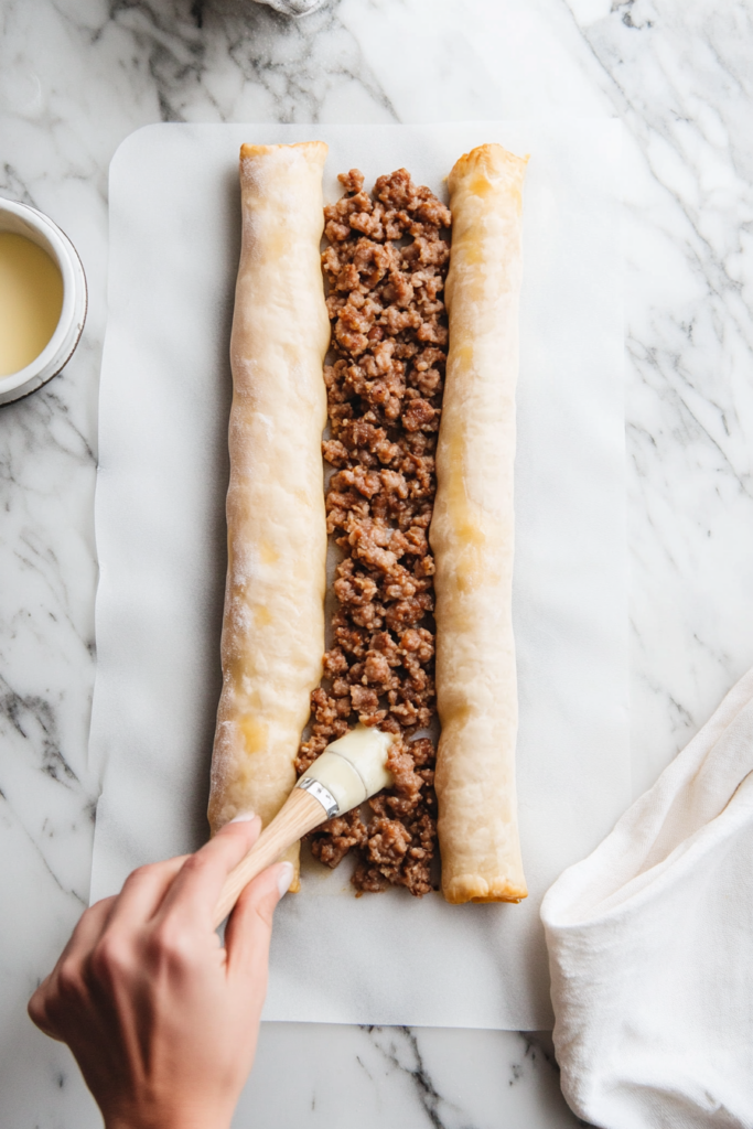 Two strips of puff pastry with sausage filling shaped into logs along the center, ready to be folded and sealed for the classic sausage rolls recipe.