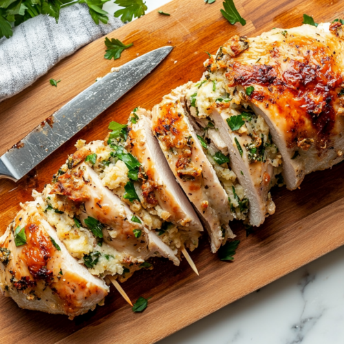 This image shows that the stuffing stuffed chicken breasts are beautifully presented on a plate, showcasing their golden-brown exterior and succulent stuffing, served with sides like roasted vegetables or a fresh salad.