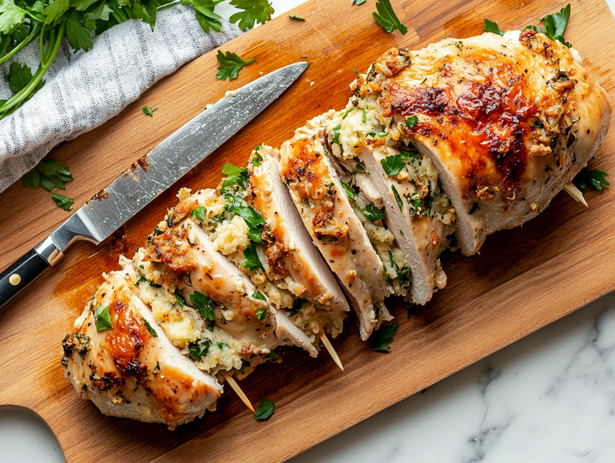 This image shows that the stuffing stuffed chicken breasts are beautifully presented on a plate, showcasing their golden-brown exterior and succulent stuffing, served with sides like roasted vegetables or a fresh salad.