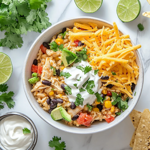 This image showcases a vibrant Southwest Chicken Bowl filled with chipotle-seasoned chicken, fluffy rice, sautéed vegetables, and a zesty cilantro lime crema, beautifully garnished with avocado and tortilla strips, making it an enticing and nutritious meal.