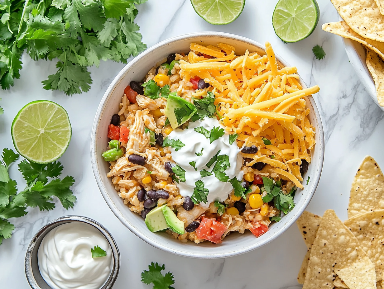 This image showcases a vibrant Southwest Chicken Bowl filled with chipotle-seasoned chicken, fluffy rice, sautéed vegetables, and a zesty cilantro lime crema, beautifully garnished with avocado and tortilla strips, making it an enticing and nutritious meal.