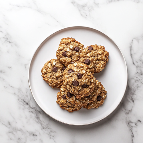 This image shows a plate of golden protein oats cookies, filled with chocolate chips, and served fresh from the oven, perfect for a healthy, tasty snack or dessert.