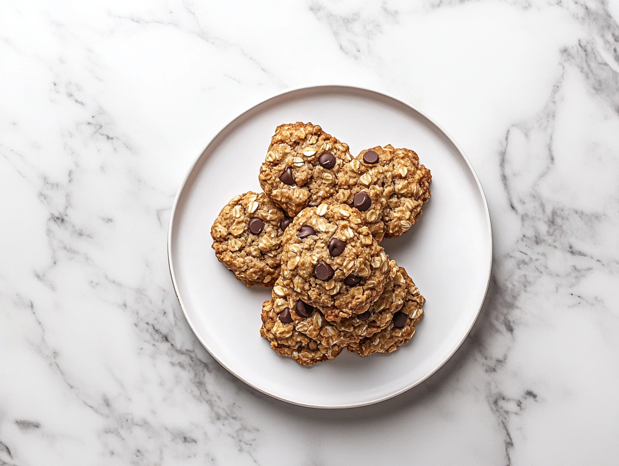 This image shows a plate of golden protein oats cookies, filled with chocolate chips, and served fresh from the oven, perfect for a healthy, tasty snack or dessert.