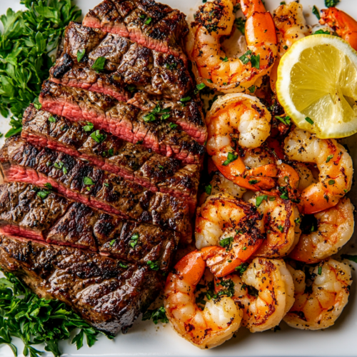 This image showcases a beautifully plated meal of perfectly cooked steak and shrimp, served with roasted vegetables and garnished with fresh herbs. The dish highlights the rich flavors of the steak and shrimp, making it an appetizing and visually appealing main course.