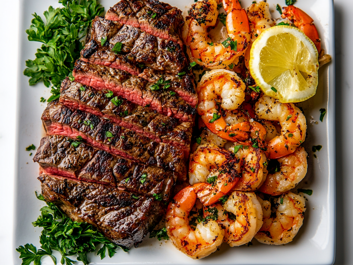 This image showcases a beautifully plated meal of perfectly cooked steak and shrimp, served with roasted vegetables and garnished with fresh herbs. The dish highlights the rich flavors of the steak and shrimp, making it an appetizing and visually appealing main course.