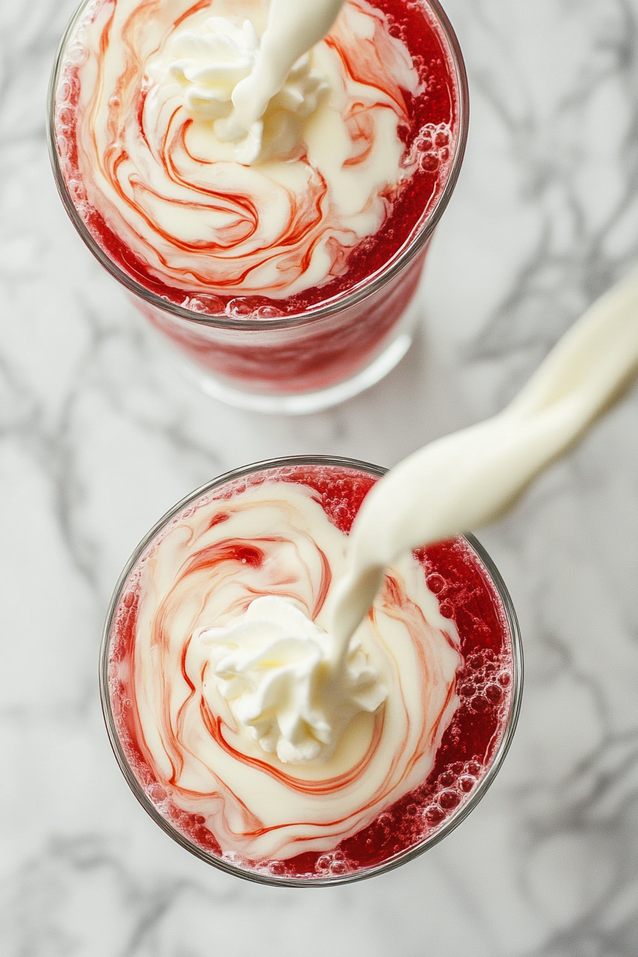 This image shows a tablespoon of heavy cream being drizzled over the top of the fizzy raspberry soda, adding a creamy and layered texture to the vibrant drink.