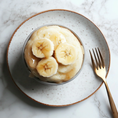 This image shows a beautifully presented banana mug cake, topped with a rich, warm glaze and garnished with sliced bananas, highlighting the soft and moist texture of this quick dessert.