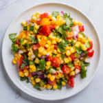 This image shows the fully prepared summer corn salad in a large serving bowl, garnished with fresh cilantro and lime wedges on the side. The salad features a beautiful mix of corn, tomatoes, cucumbers, green peppers, and onions, tossed in a zesty lime dressing, ready to be served at a summer barbecue or family gathering.