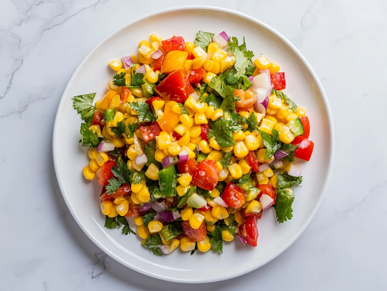 This image shows the fully prepared summer corn salad in a large serving bowl, garnished with fresh cilantro and lime wedges on the side. The salad features a beautiful mix of corn, tomatoes, cucumbers, green peppers, and onions, tossed in a zesty lime dressing, ready to be served at a summer barbecue or family gathering.