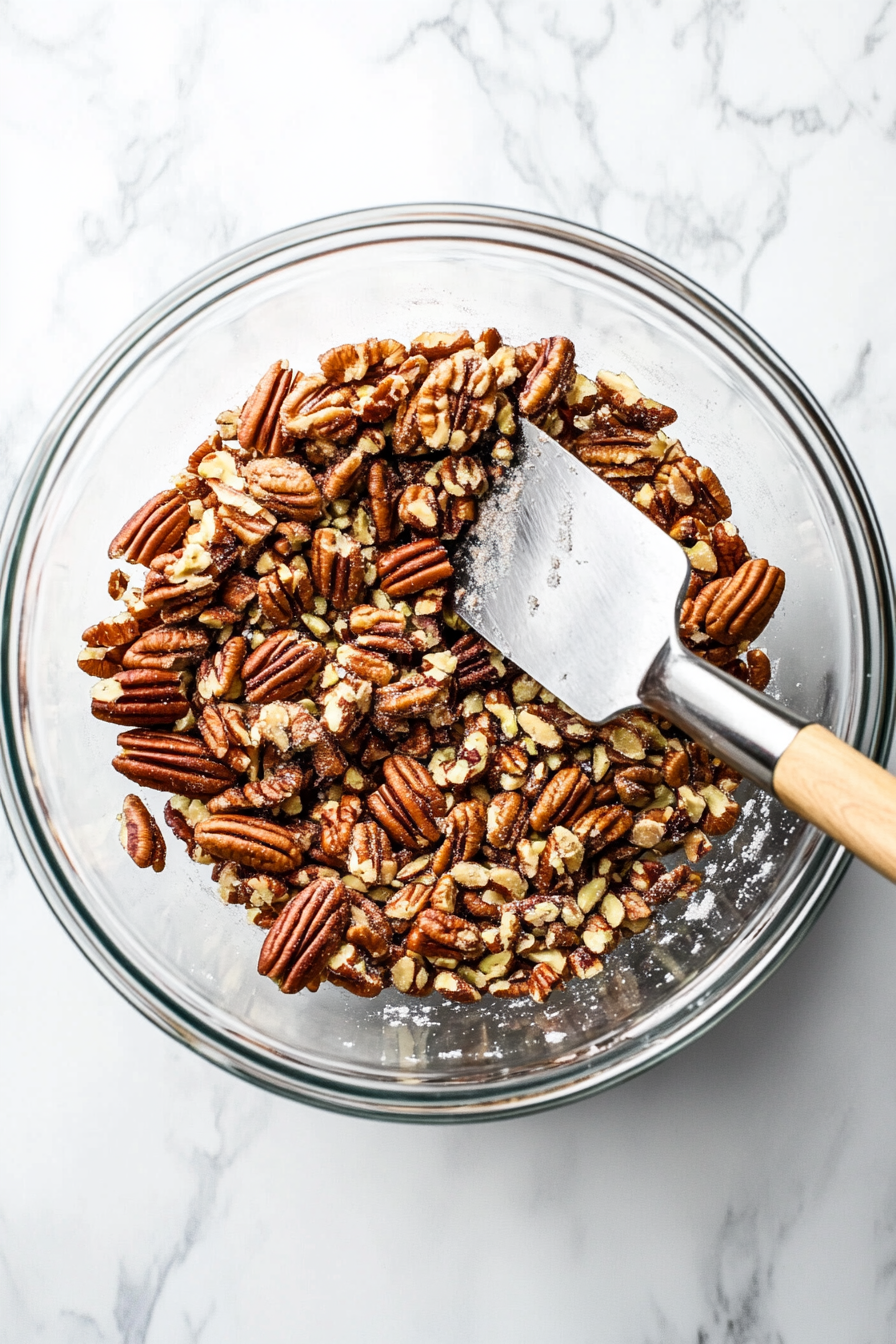 This image shows pecans and pistachios being finely chopped and mixed with cinnamon and sugar in a bowl, creating the nutty layer for the baklava cheesecake.