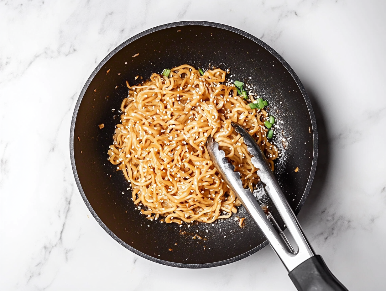 This image shows a bowl of freshly made Teriyaki Noodles, garnished with thinly sliced green onions and sprinkled with sesame seeds, ready to be enjoyed as a flavorful and satisfying meal.