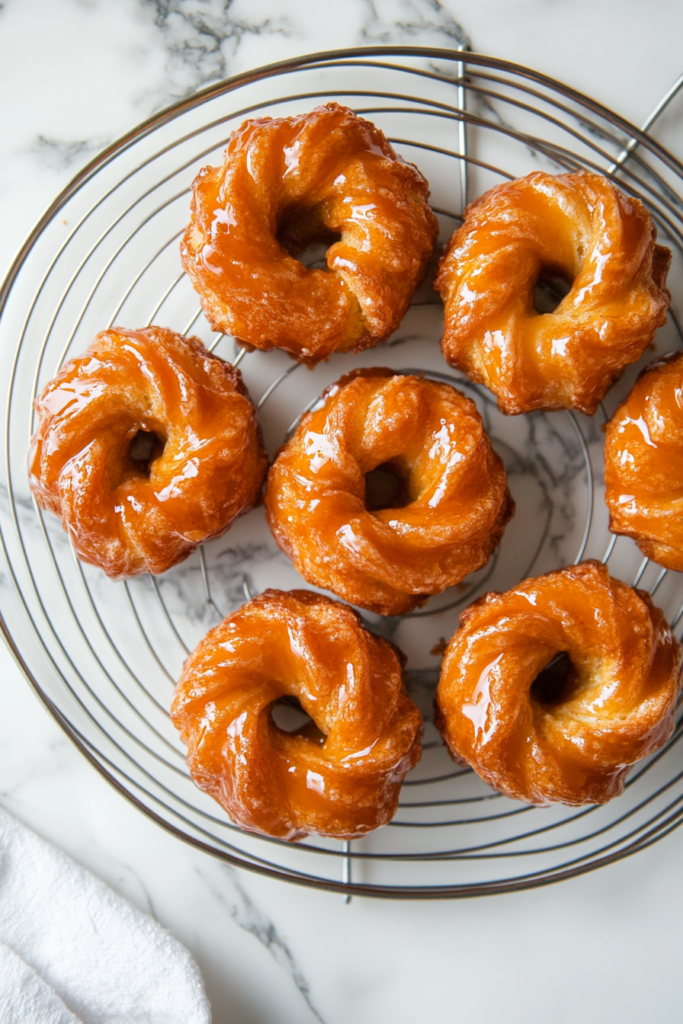 This image shows a stack of French crullers on a serving plate, emphasizing their airy texture and rich vanilla glaze, making them an inviting treat for any occasion.