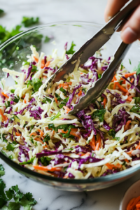 This image shows a serving of Mexican street slaw in a white dish, topped with fresh cilantro and crumbled feta cheese. The vibrant slaw is ready to be enjoyed as a side dish, adding a refreshing and tangy flavor to any meal.