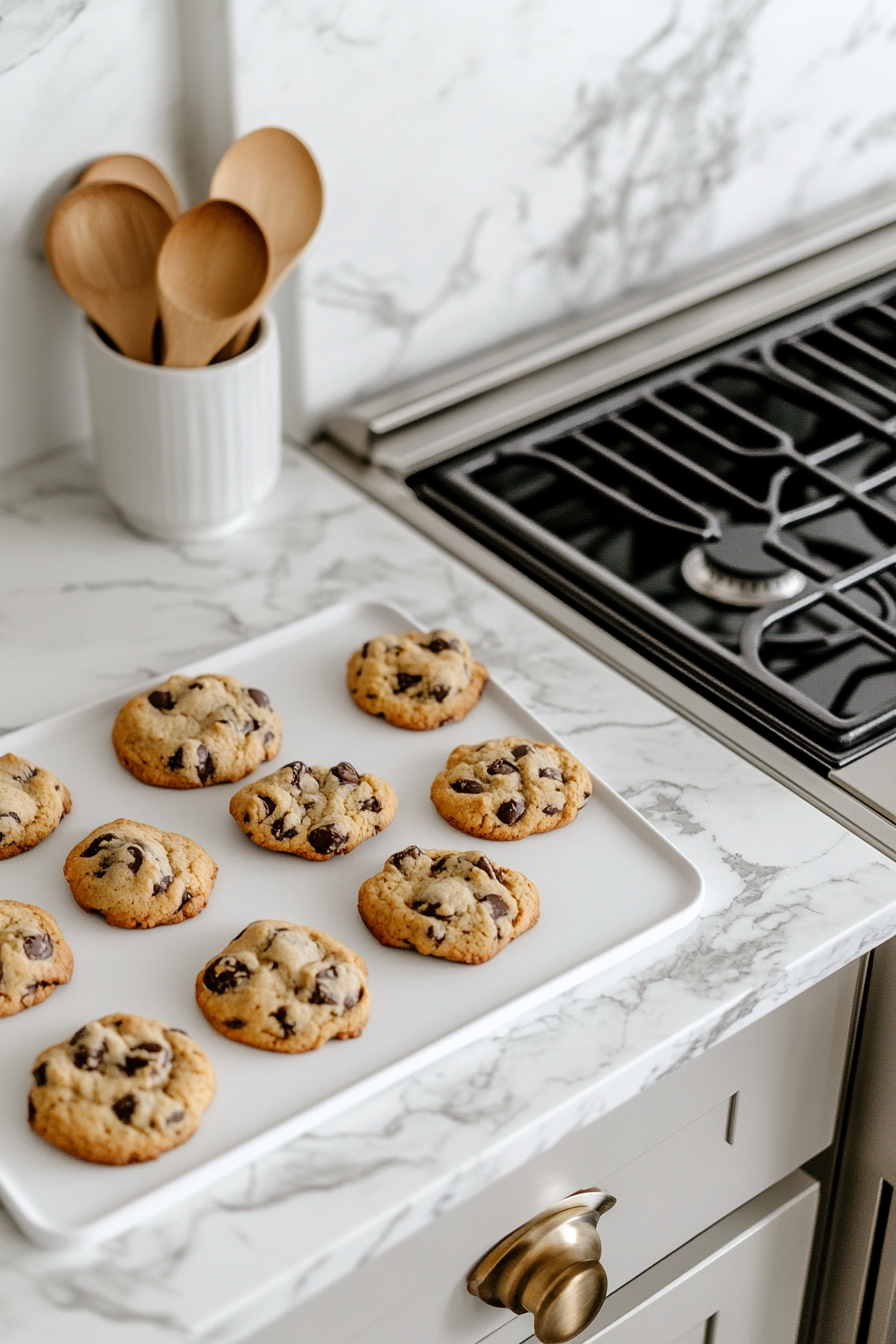 This image shows freshly baked protein oats cookies with a golden-brown finish cooling on the baking tray after being baked in the oven at 180°C for 12 minutes.