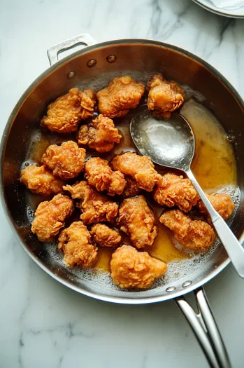 A deep skillet on a white marble cooktop filled with golden-brown fried chicken pieces. A slotted spoon is ready to remove the chicken, with a plate lined with paper towels nearby for draining excess oil. The scene highlights the crispy texture of the fried chicken