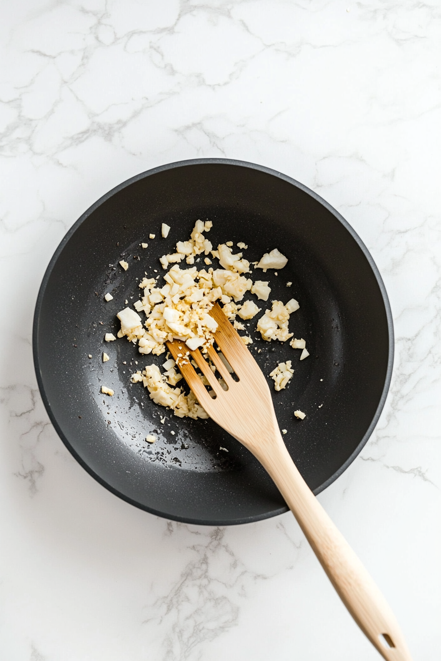 This image shows minced garlic sizzling in a large pan with sesame oil and vegetable oil, creating the fragrant base for the teriyaki noodle sauce.