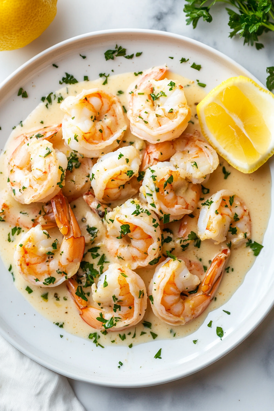 This image shows creamy garlic prawns garnished with freshly chopped parsley and a squeeze of lemon juice, ready to be served over pasta, rice, or with crusty bread.