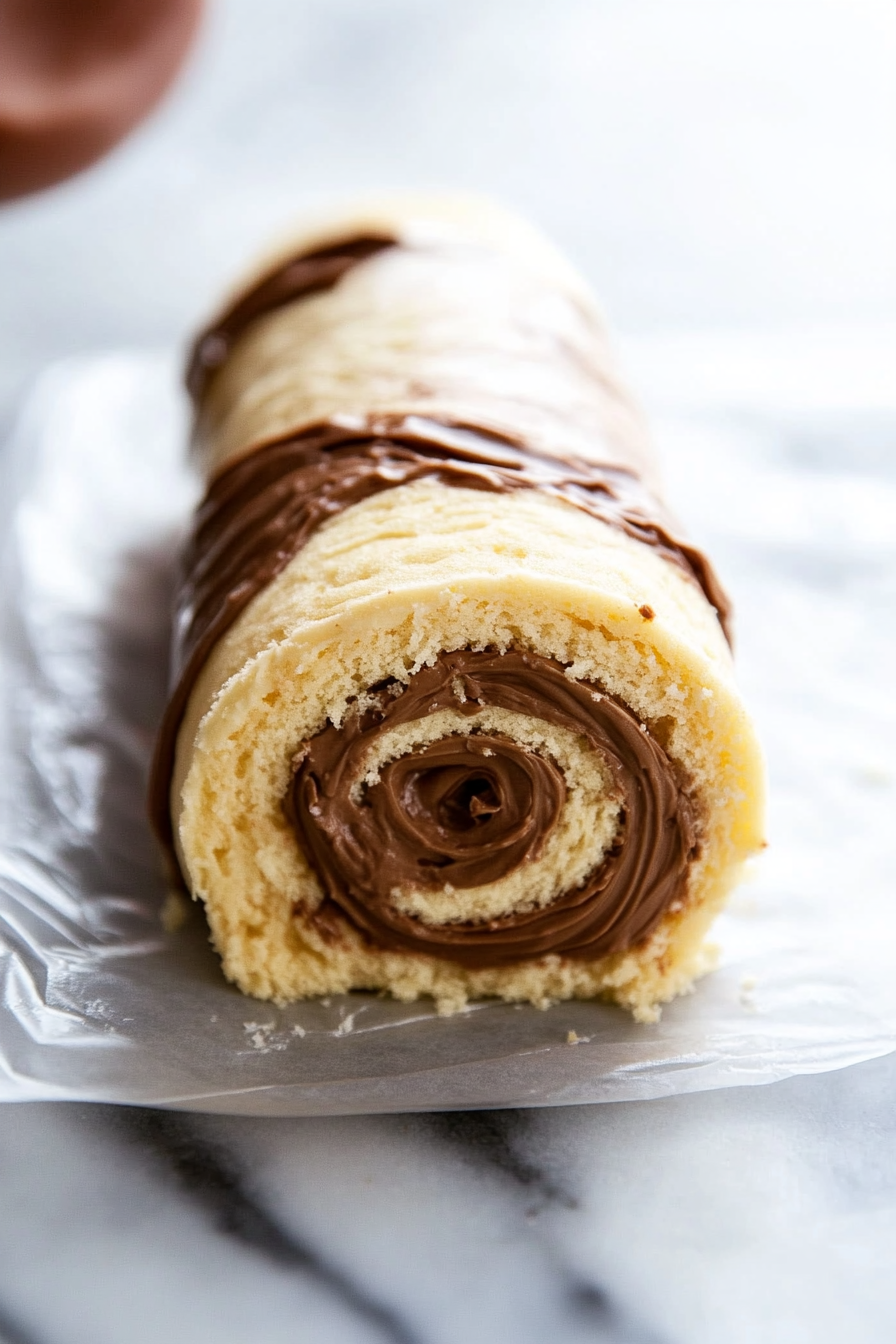 This image shows the final rolling of the sponge cake after Nutella has been spread over it, creating the Nutella roll, which is wrapped in plastic wrap before chilling.