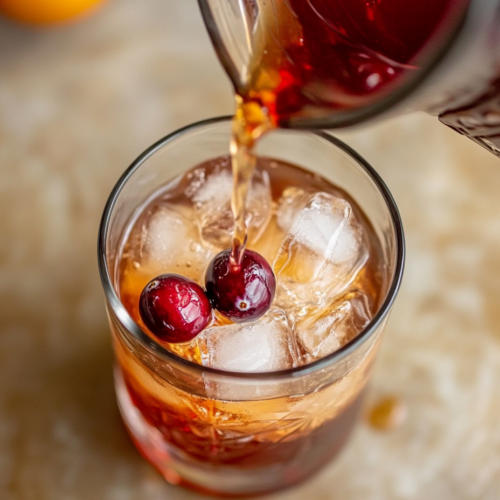 This image shows a glass of cranberry orange whiskey sour, garnished with fresh cranberries and a rosemary sprig, placed on a table with a cozy, festive setting. The cocktail is ready to be enjoyed during fall nights or holiday gatherings.