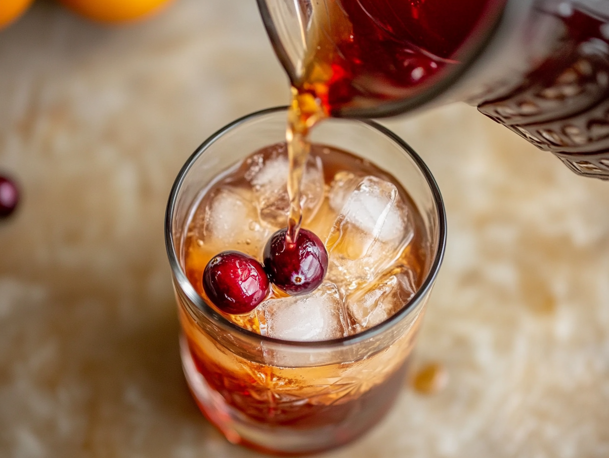 This image shows a glass of cranberry orange whiskey sour, garnished with fresh cranberries and a rosemary sprig, placed on a table with a cozy, festive setting. The cocktail is ready to be enjoyed during fall nights or holiday gatherings.