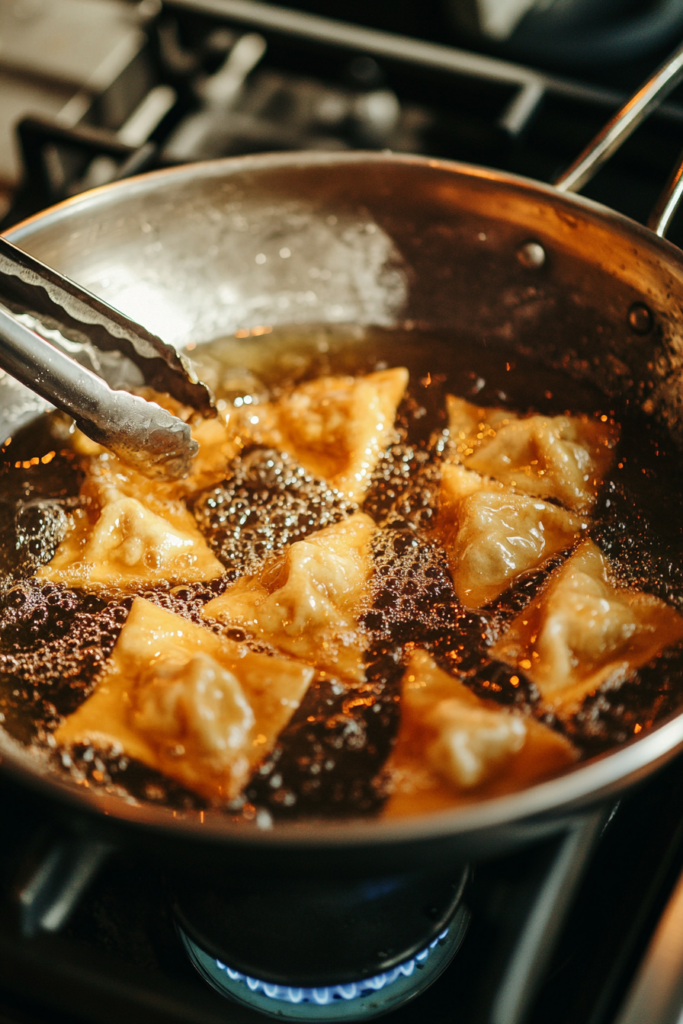 Cream cheese wontons frying in a deep pan, turning golden brown as they bubble in the hot oil. The wontons are being cooked evenly for a crispy finish.