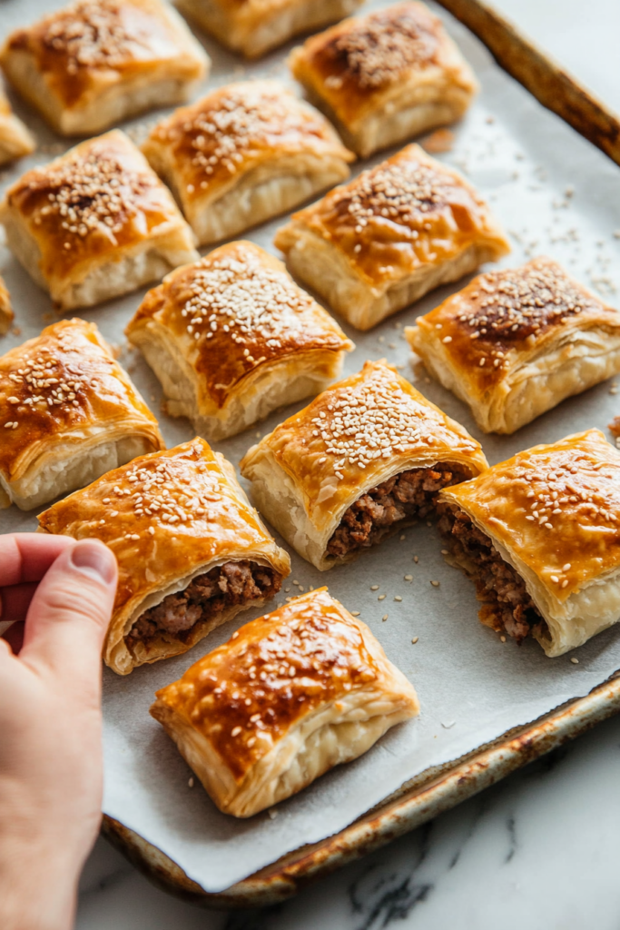 Small pieces of sausage rolls being cut and brushed with egg wash on a parchment-lined baking sheet, ready to bake for a golden, flaky crust in the sausage rolls recipe.
