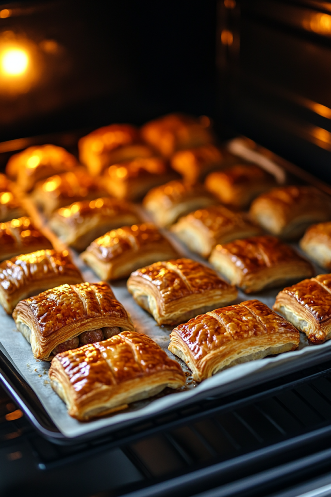 Sausage rolls with perfectly golden, puffed pastry fresh out of the oven, showcasing the ideal bake for a savory sausage rolls recipe.
