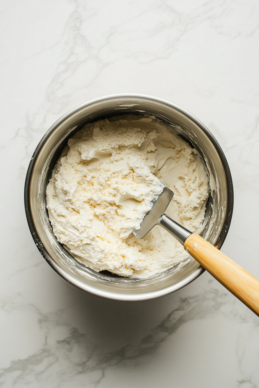 This image shows the sifted cake flour, baking powder, and salt being gradually mixed into the creamed butter mixture, alternating with milk and extracts, creating a smooth pound cake batter.