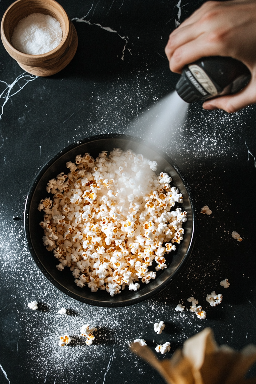 This image shows the preparation step of greasing a 9x13 inch baking dish with cooking spray to ensure the popcorn doesn’t stick while cooling.