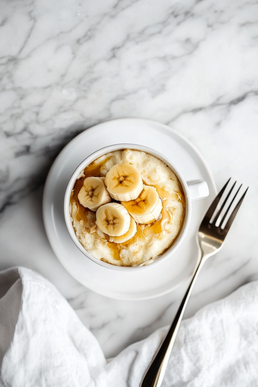 This image shows a small bowl with the glaze mixture being microwaved, starting to bubble and froth, as it heats up to create a delicious topping for the banana mug cake.