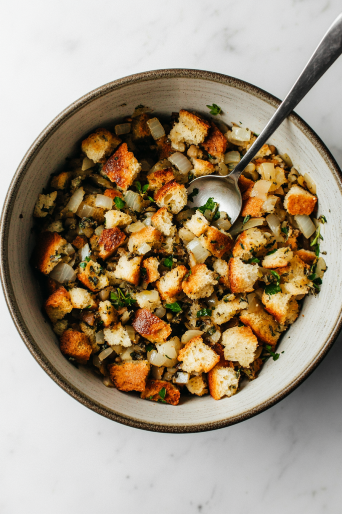 This image shows that homemade stuffing is being prepared with cubed bread, sautéed onions, minced garlic, and herbs like sage and thyme, all mixed together with chicken broth in a bowl.