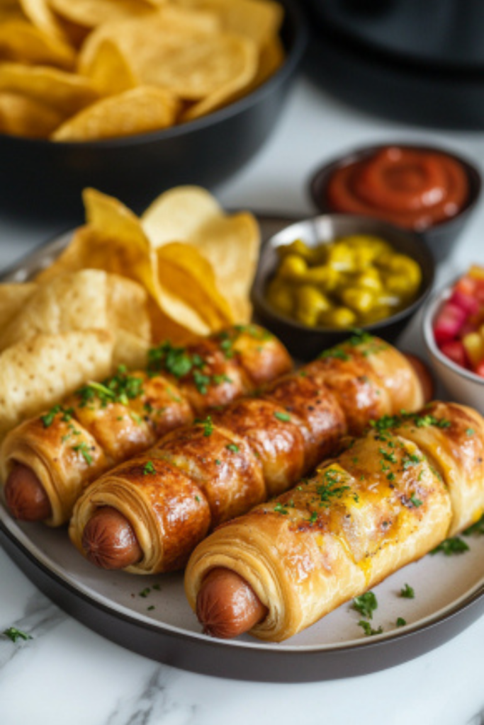 The freshly baked crescent dogs are displayed on a serving plate on the white marble cooktop, accompanied by sides like veggie sticks, chips, and condiments—mustard, ketchup, and relish—for dipping.