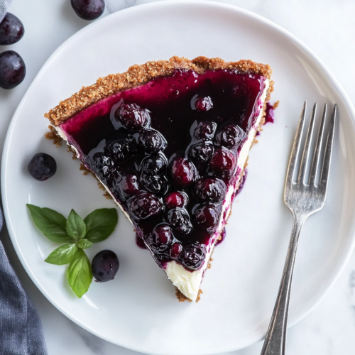 This image shows a fully assembled huckleberry cheesecake with a golden graham cracker crust, creamy cheese layer, and vibrant huckleberry topping, garnished with whole berries for a fresh, delicious dessert.