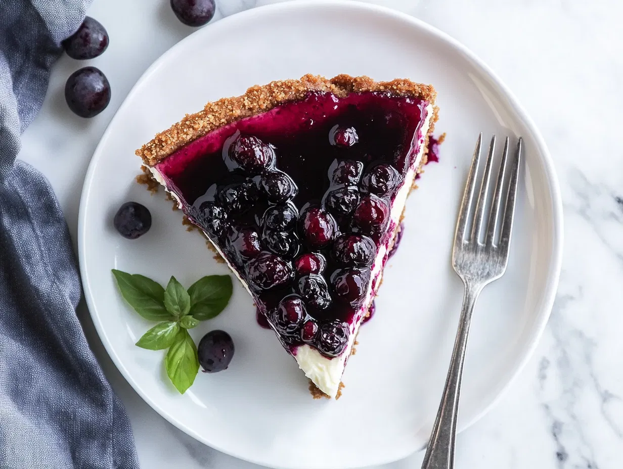 This image shows a fully assembled huckleberry cheesecake with a golden graham cracker crust, creamy cheese layer, and vibrant huckleberry topping, garnished with whole berries for a fresh, delicious dessert.