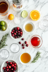 This image shows the individual ingredients for making a cranberry orange whiskey sour neatly arranged on a counter. The ingredients include bourbon whiskey, agave syrup, orange juice, unsweetened cranberry juice, fresh lime juice, fresh cranberries, and rosemary sprigs. Each ingredient is displayed clearly, ready for preparation.