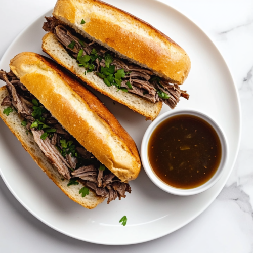 This image shows a completed plate of Instant Pot French dip sandwiches, with shredded beef on toasted French rolls, served with a rich au jus dipping sauce on the side.