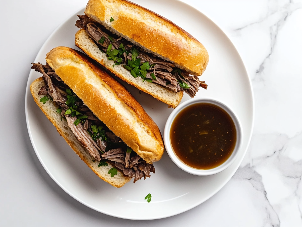 This image shows a completed plate of Instant Pot French dip sandwiches, with shredded beef on toasted French rolls, served with a rich au jus dipping sauce on the side.