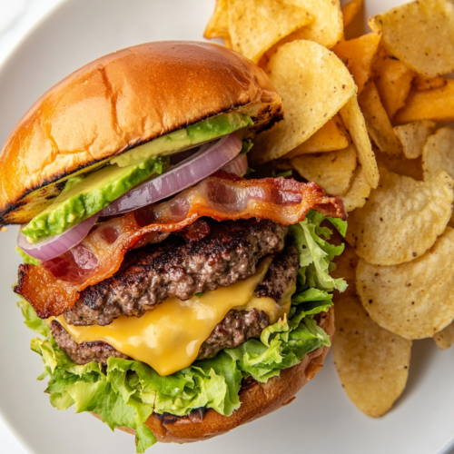 This image shows a beautifully crafted avocado burger with a juicy beef patty, melted cheddar cheese, crispy bacon, and creamy mashed avocado, all sandwiched between toasted brioche buns, served alongside fries.