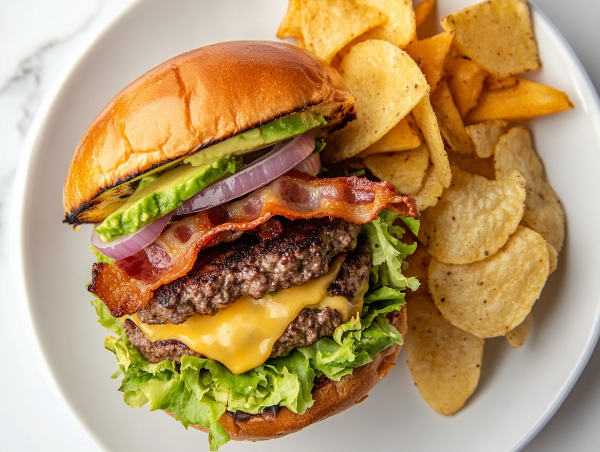 This image shows a beautifully crafted avocado burger with a juicy beef patty, melted cheddar cheese, crispy bacon, and creamy mashed avocado, all sandwiched between toasted brioche buns, served alongside fries.