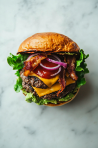 This image shows the assembly of the avocado burger, with layers of fresh lettuce, crispy bacon, mashed avocado, and melted cheddar cheese placed between soft brioche buns.