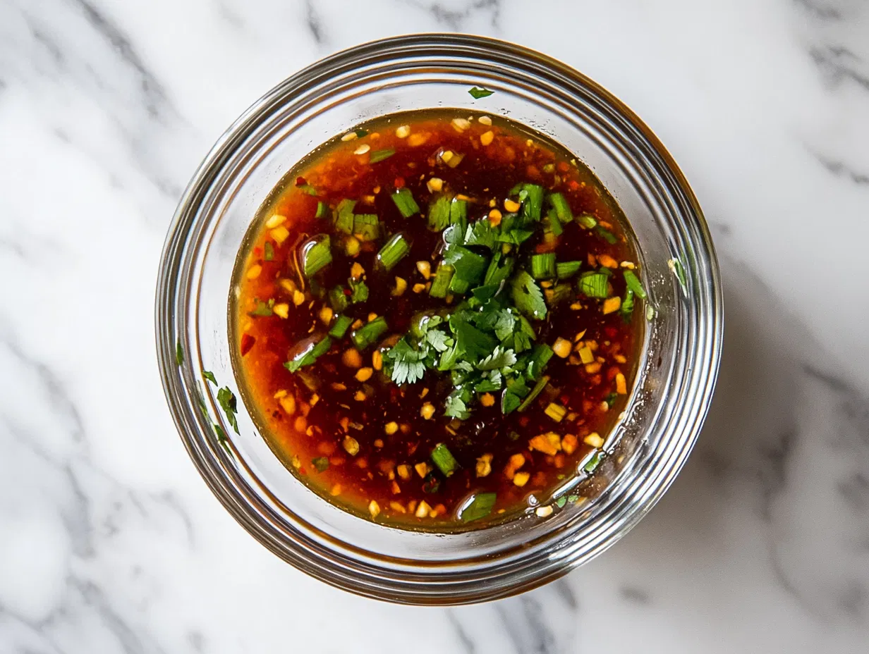 This image shows a bowl of light and flavorful spring roll dipping sauce, made with a blend of soy, hoisin, garlic, ginger, and sesame oil, served alongside fresh, vibrant spring rolls. The sauce looks rich and perfect for enhancing the taste of the rolls.