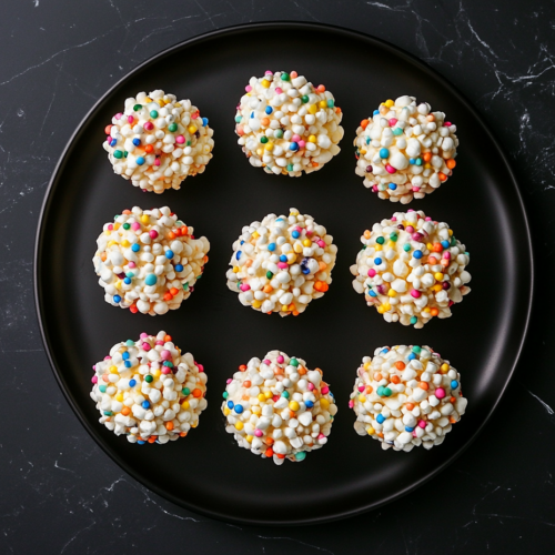 This image shows a plate of marshmallow popcorn balls, showcasing their fluffy popcorn interior and sticky, sweet marshmallow coating, perfect for a fun and nostalgic treat.