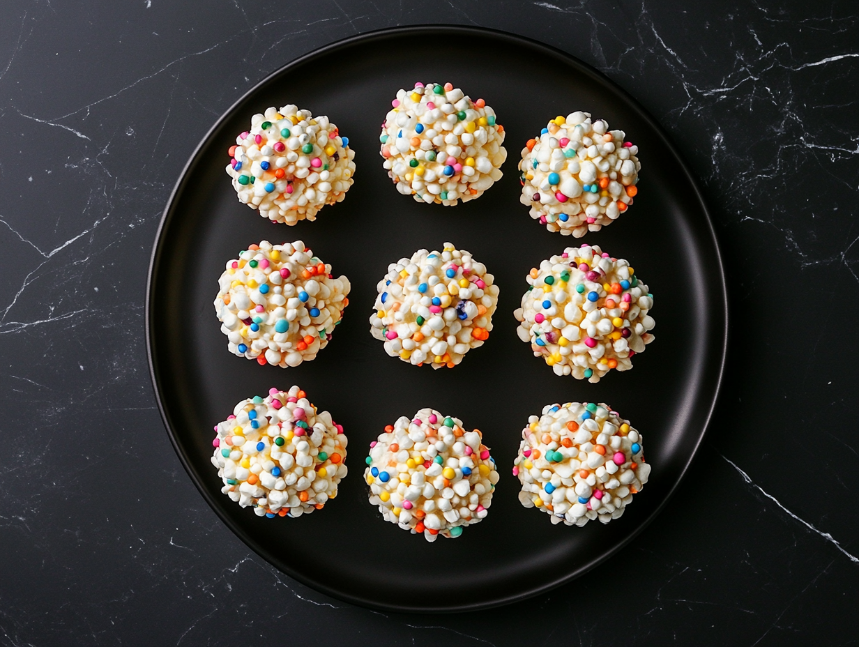 This image shows a plate of marshmallow popcorn balls, showcasing their fluffy popcorn interior and sticky, sweet marshmallow coating, perfect for a fun and nostalgic treat.