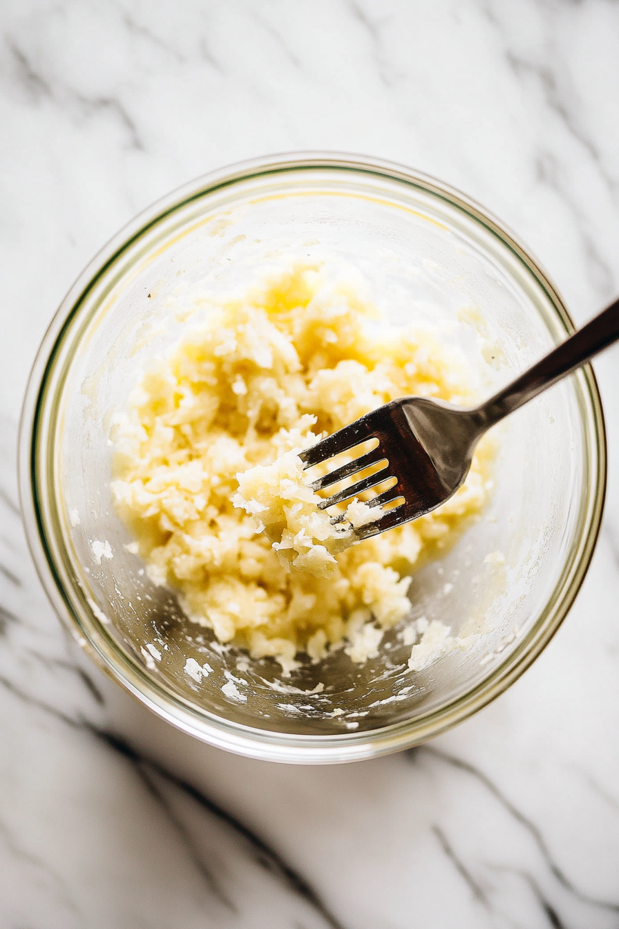 This image shows the process of mashing minced garlic and sugar together in a bowl, creating a flavorful base for the Vietnamese dipping sauce.