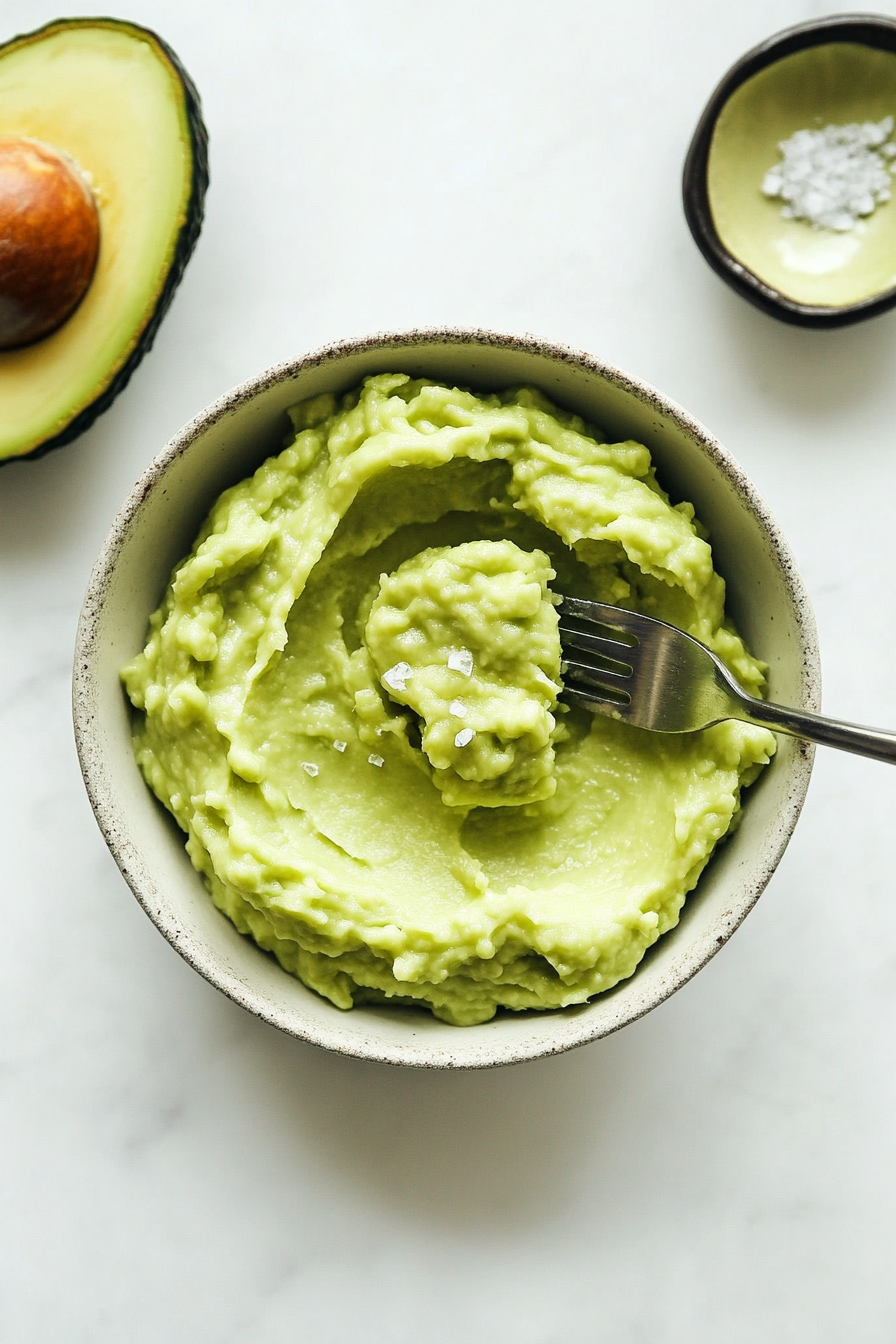 This image shows a fork being used to mash the soft avocado in a bowl, preparing it to be spread on freshly toasted bread for avocado toast.