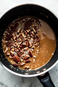 This image shows brown sugar and butter melting together in a saucepan with chopped pecans, preparing a sweet and nutty topping for the cheesecake.