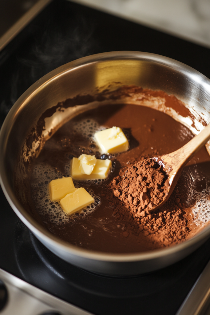 This image shows that butter, cocoa powder, and sweetened condensed milk are melting together in a large pan. Soft caramels are being added and stirred until everything is smooth and fully mixed.